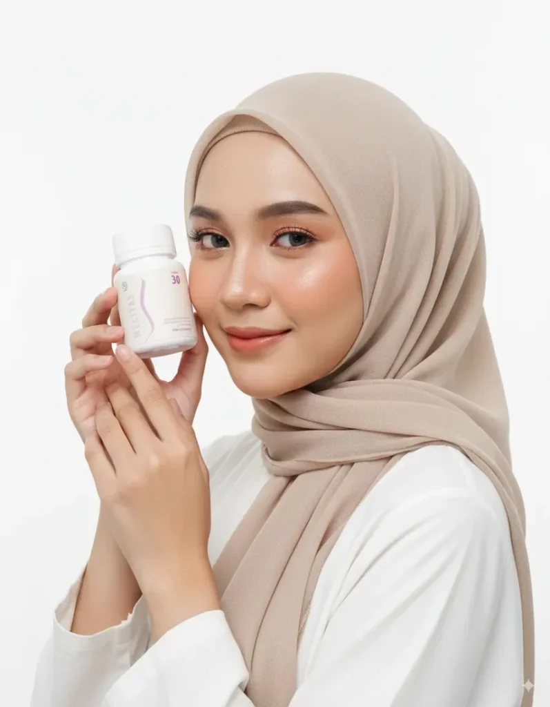 Perempuan berhijab memegang botol Melitas