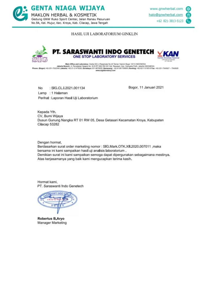Hasil uji laboratorium Ginklin 1