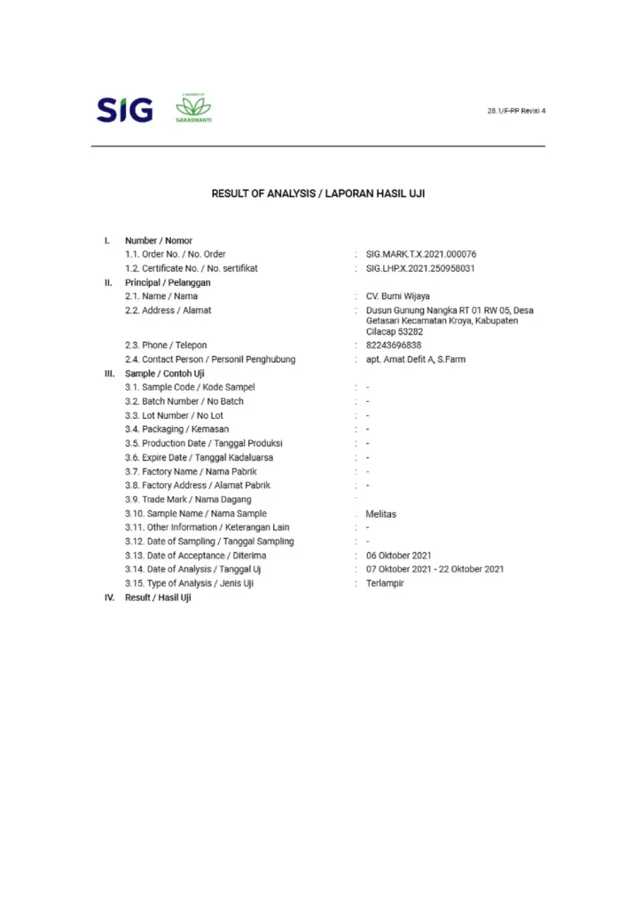 Hasil uji laboratorium Melitas 1